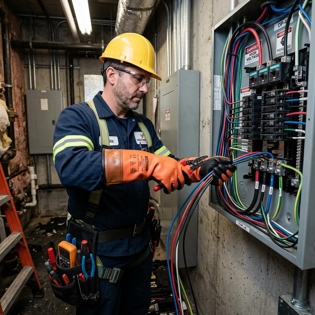 Electrician performing safety-related electrical maintenance and documentation per NFPA 70E Code 205.3 requirements in Florida