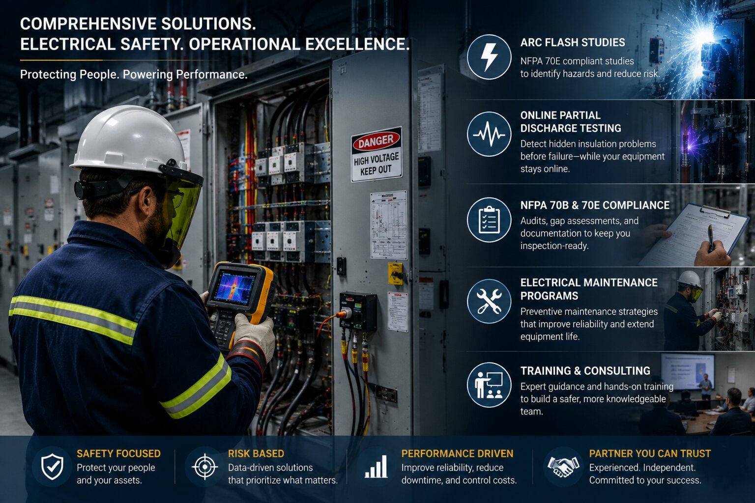Electrician working on a live electrical panel evaluating arc flash hazards