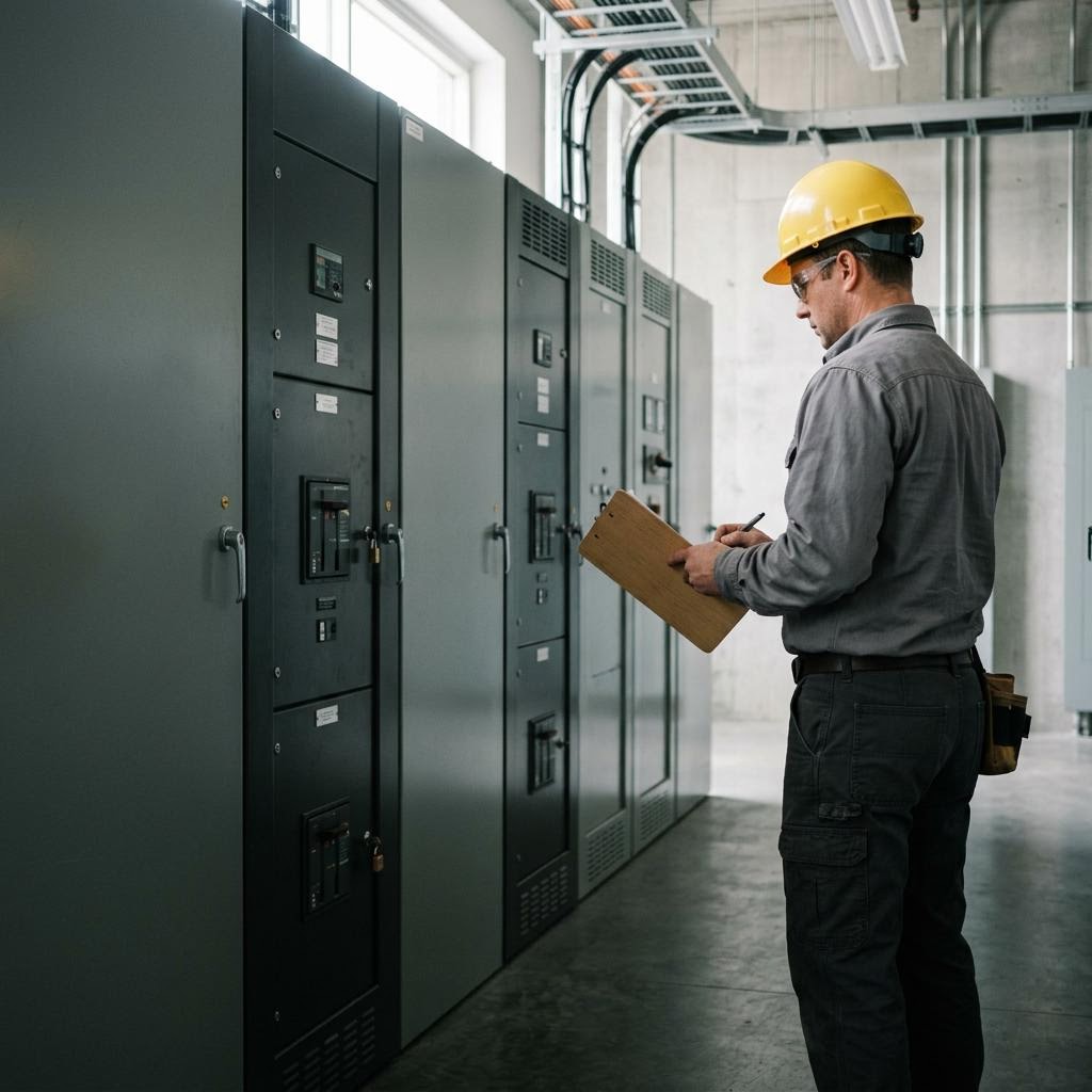 Illustration of an electrical safety professional reviewing closed switchgear during an assessment