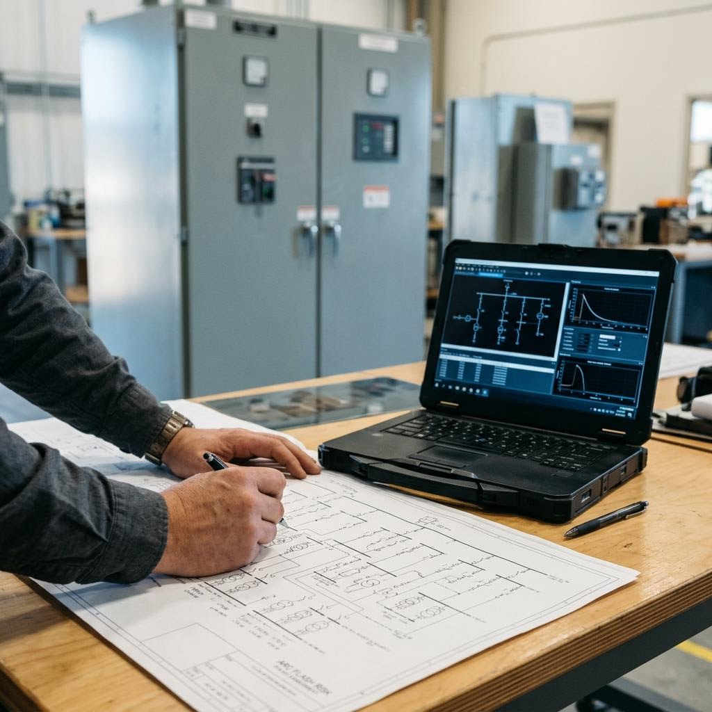 Illustration of an engineer reviewing an electrical system diagram and study results