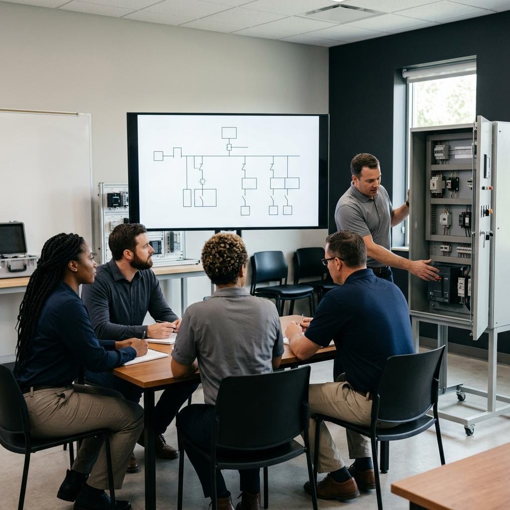 Illustration of electrical workers reviewing a distribution diagram during safety training